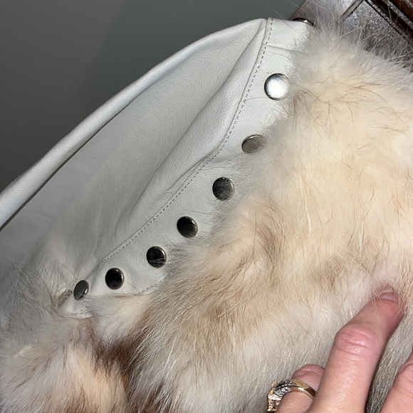 GORGEOUS Ivory genuine leather moto jacket coat fur trim studded sharif size L - Picture 7 of 17